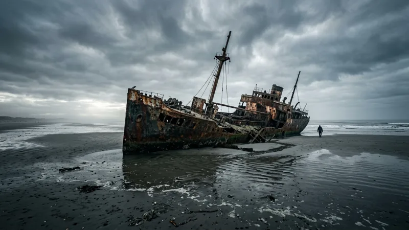 Chase the Low Tide Shipwrecks 13 A rusted, historic shipwreck partially exposed on a wide sandy beach at low tide under a dramatic, cloudy sky.