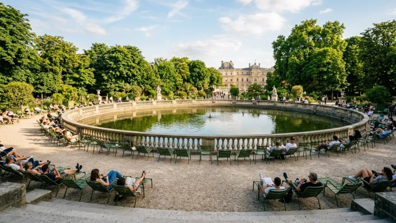 Green metal chairs arranged around a sunny pond in Jardin du Luxembourg.
