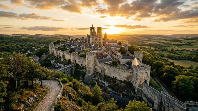 Stone ramparts and panoramic view of the medieval city of Laon on a hilltop at sunset.