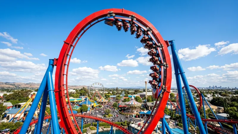 Conquer Formule X First Thing 4 A vibrant red and blue roller coaster looping through a sunny sky at an amusement park.