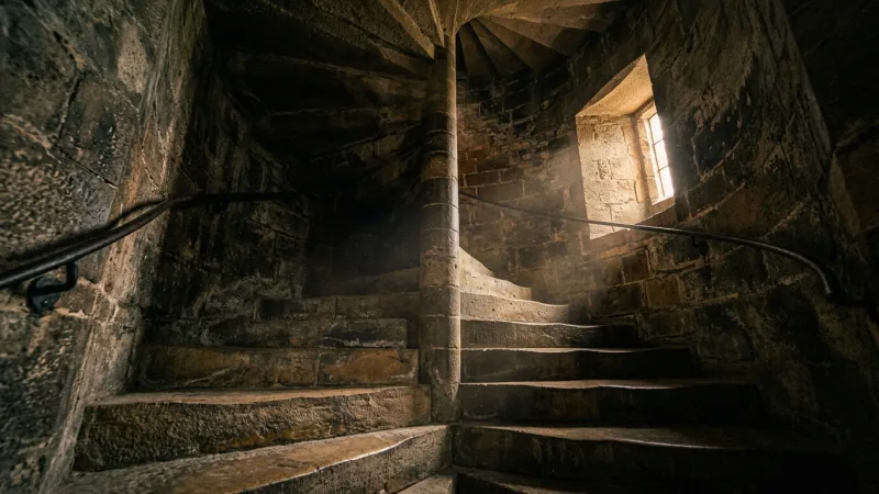 Conquer the 465 Steps Safely 3 A narrow, winding medieval stone spiral staircase inside a historic tower.