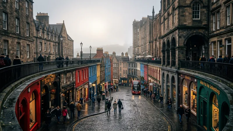 Conquer the Double-Decker Streets 15 The colorful, curved storefronts of Victoria Street in Edinburgh, with the stone arches of George IV Bridge visible directly above.