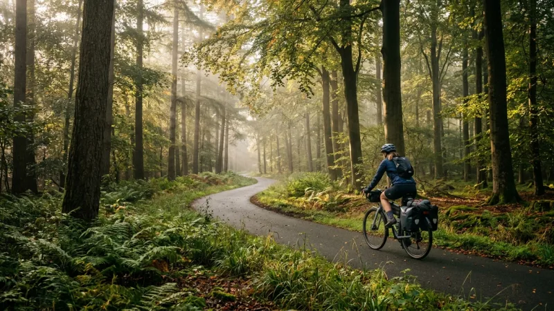 Cycle the Veluwe Borderlands 5 A cyclist riding along a paved bicycle path winding through a dense, sun-dappled forest with tall trees and green ferns.