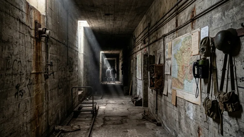 Decode Bastion 32 First 1 Inside a historic concrete military bunker with dim, atmospheric lighting and rugged walls.