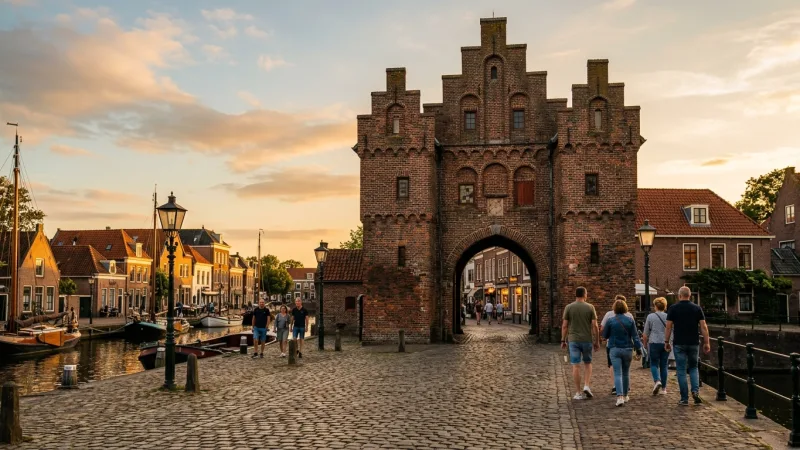Decode the Hanseatic Heritage 6 A medieval brick gatehouse with a large archway over a cobblestone street, bathed in the warm light of a setting sun.