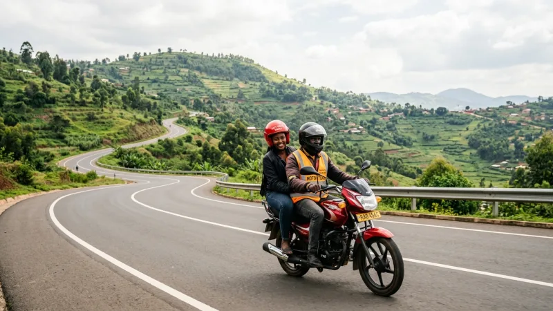 Decode the Moto-Taxi System 1 A passenger riding a moto-taxi on a clean, winding road in Rwanda with green hills in the background.