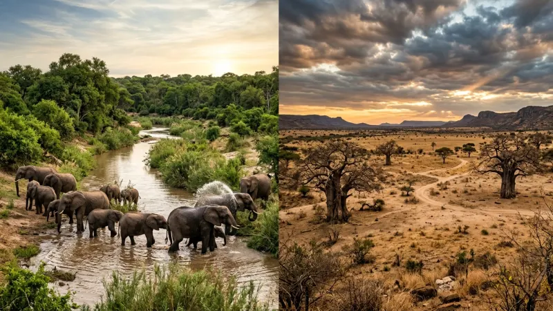 Decode the Sector Divide 1 A side-by-side visual comparison of lush southern Kruger riverbeds and dry northern baobab landscapes.