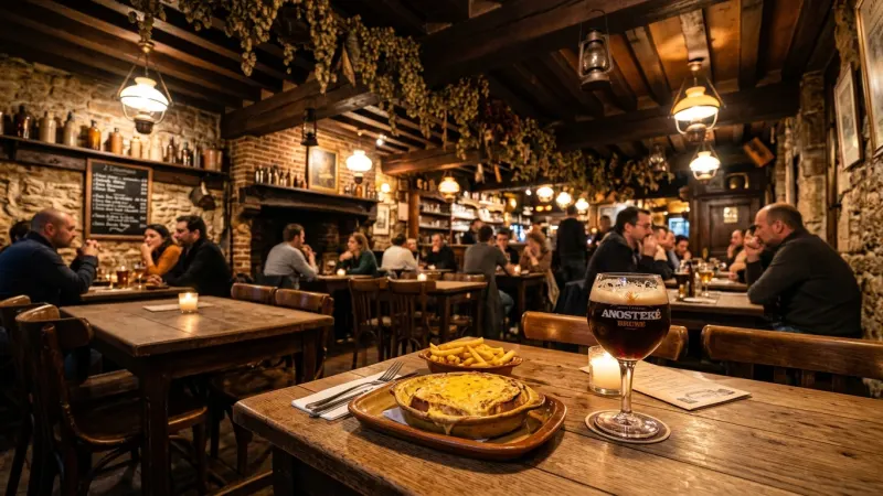 Dine Like a Local in Authentic Estaminets 7 Cozy interior of a traditional Flemish estaminet restaurant in Lille with wooden tables and regional food.