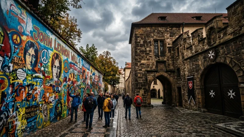 Discover the Wall's Sovereign History 3 The colorful John Lennon Wall set against the historic stone arches of the Knights of Malta Grand Priory.