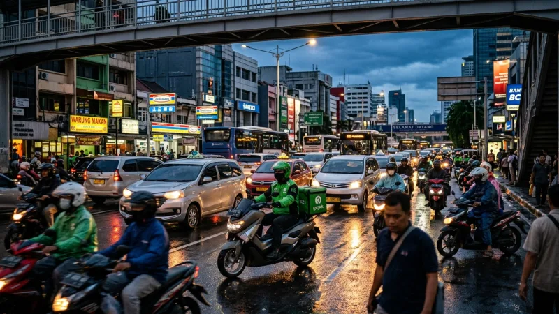 A motorcycle rider wearing a green helmet and jacket navigating a busy Indonesian street at dusk.