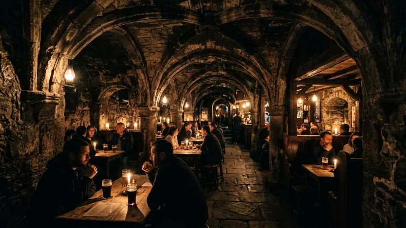 Drink in the Haunted Vaults 13 A dimly lit, atmospheric stone vault inside a historic Edinburgh pub, featuring ancient stone archways and warm candlelight.