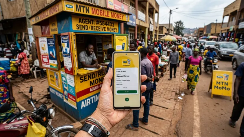 Embrace Mobile Money (MoMo) 1 A smartphone displaying a mobile money transaction in front of a yellow and blue MTN kiosk in Rwanda.
