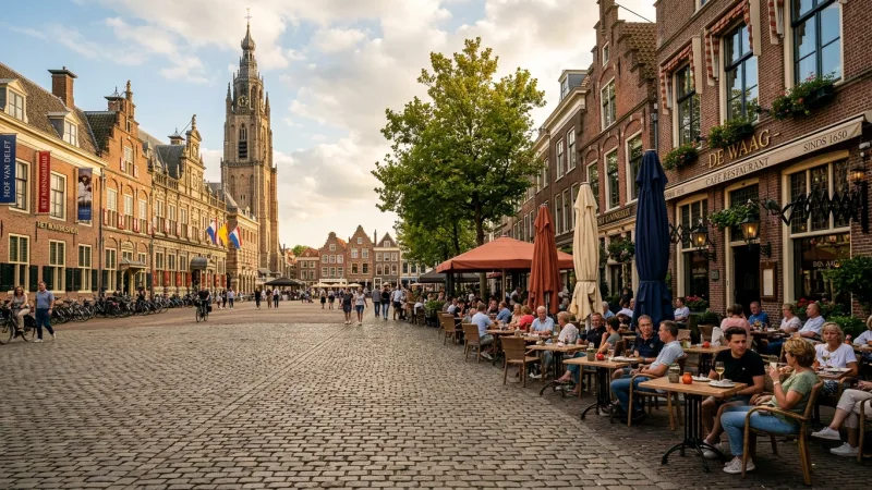 Escape for Lunch in Historic Harderwijk 4 A charming historic Dutch town square with brick buildings, cobblestone pavement, and cozy outdoor cafe tables.