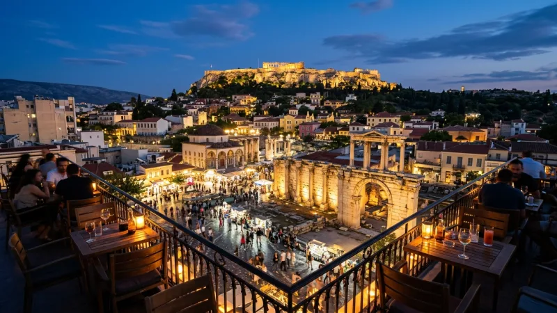Escape the Heat at Monastiraki Rooftops 4 An elevated evening view of illuminated Hadrian's Library and Monastiraki Square from a rooftop.
