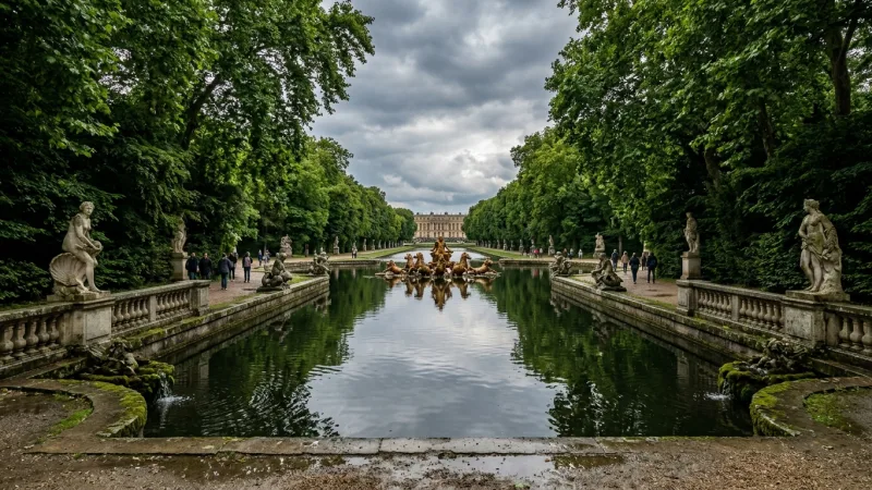 Escape to the Shaded Romanticism of the Medici Fountain 1 Historic Italianate stone fountain flanked by lush green trees and a long water basin.
