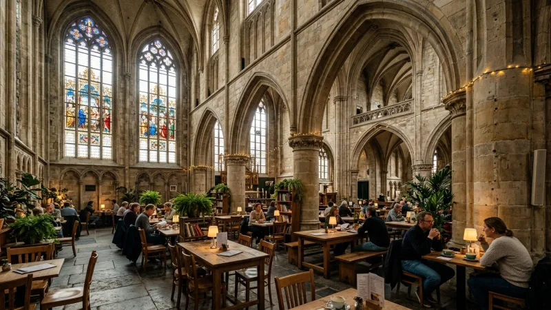Experience the Church's Modern Art and Cafe 1 The spacious interior of the Great St. Lawrence Church with Gothic arches, historic organ pipes in the background, and a small cafe area.