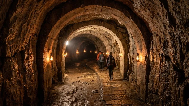 Explore the Hidden Subterranean Passages 1 An illuminated historic underground stone passage beneath the medieval town of Laon.