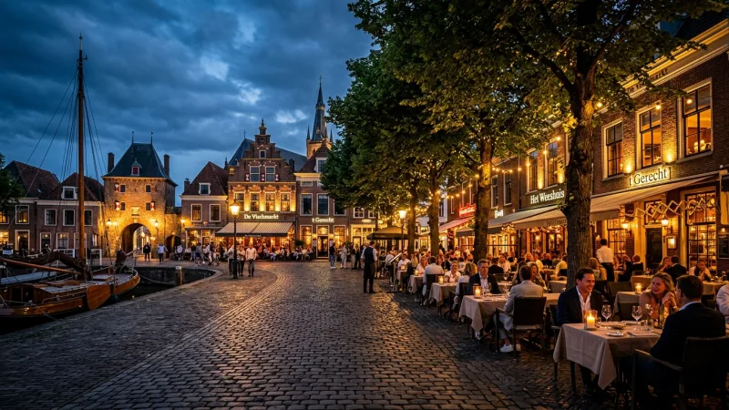 Feast on the Vischmarkt 3 A charming, cobblestone square at dusk with historic Dutch brick buildings, outdoor restaurant seating under trees, and warm ambient lighting.
