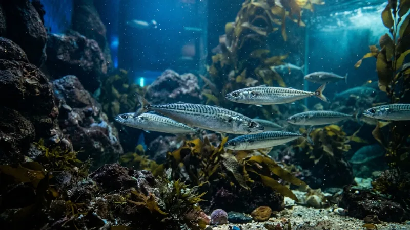 Focus on North Sea Marine Life 3 Close-up of fish swimming inside a dimly lit aquarium tank with blue water.