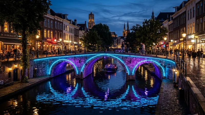 Follow the Utrecht Lumen Trail 1 A historic Utrecht bridge illuminated by artistic blue and purple light installations at night.