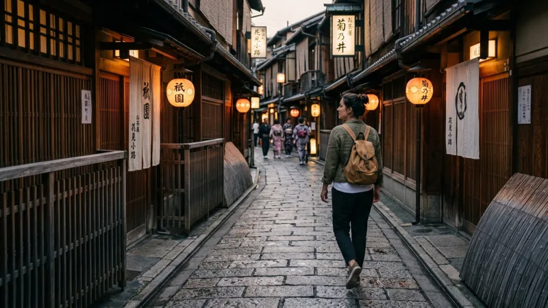 Forward Bags Hands-Free 4 A traveler walking comfortably through a traditional Kyoto street without heavy baggage.
