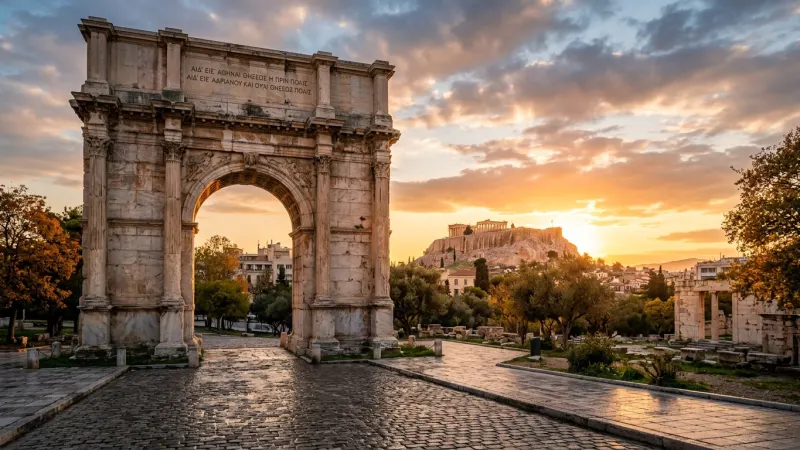 Frame the Acropolis Through the Arch 3 Hadrian's Arch in Athens during golden hour, framing the Acropolis in the background.