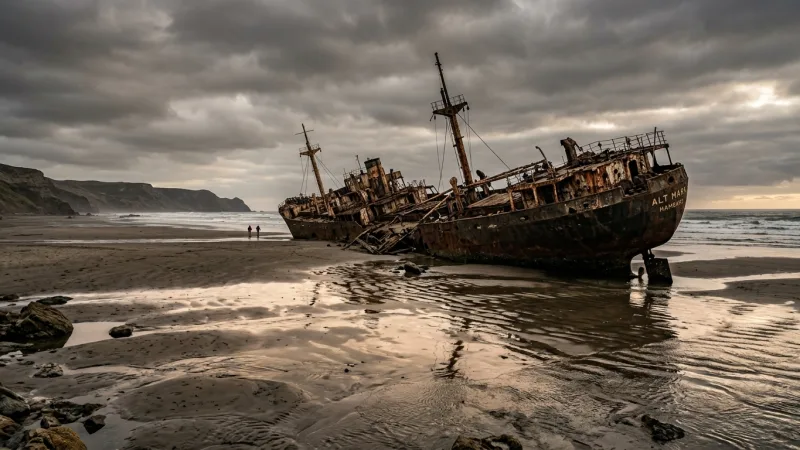 Hunt for Low-Tide Shipwrecks 4 The rusted, skeletal remains of a World War II shipwreck embedded in the sandy beach of Dunkirk at low tide under a dramatic sky.