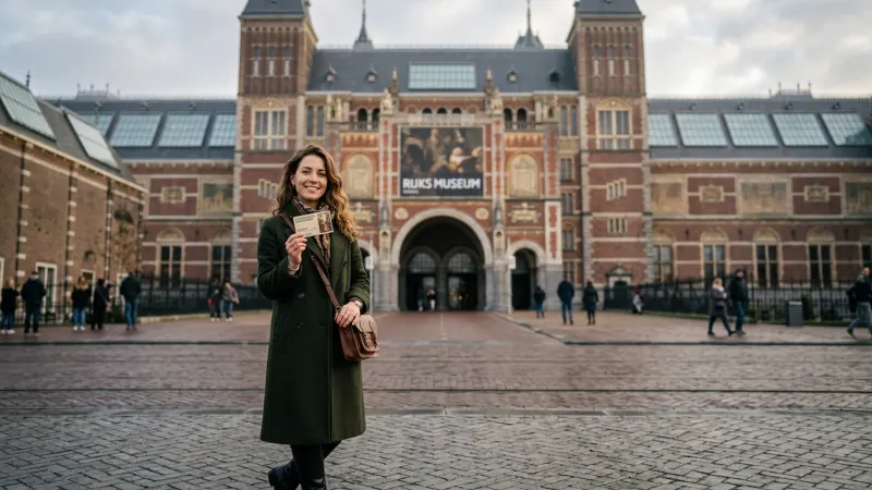 Invest in a Dutch Museumkaart 4 A traveler holding a museum entry card in front of a beautiful Dutch museum building.