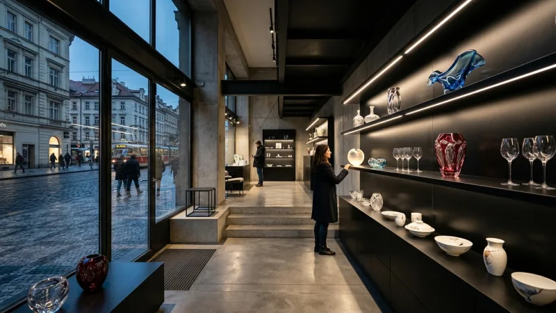 Look Beyond the Gallery Walls 3 A minimalist design shop interior displaying delicate glass art and modern porcelain under soft spotlights.