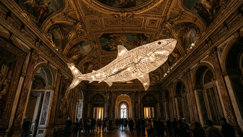 Look Up for the Secret Chandeliers 1 A modern crystal chandelier shaped like a shark hanging from an ornate palace ceiling.
