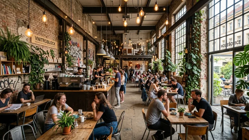 Make It a Holešovice Art Crawl 4 A cozy, industrial-style cafe interior with brick walls, warm lighting, and people enjoying coffee.