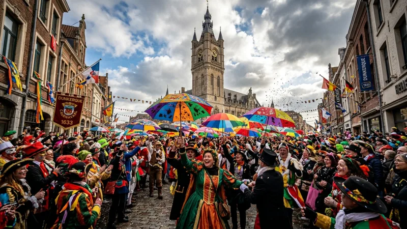 Master the Dunkirk Carnival Etiquette 16 A lively crowd of carnival-goers in colorful costumes holding decorated umbrellas in front of a historic belfry in Dunkirk.