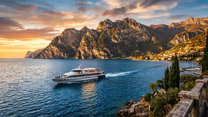 Master the Garda Ferry Network 1 A public ferry boat traveling on Lake Garda surrounded by mountains.