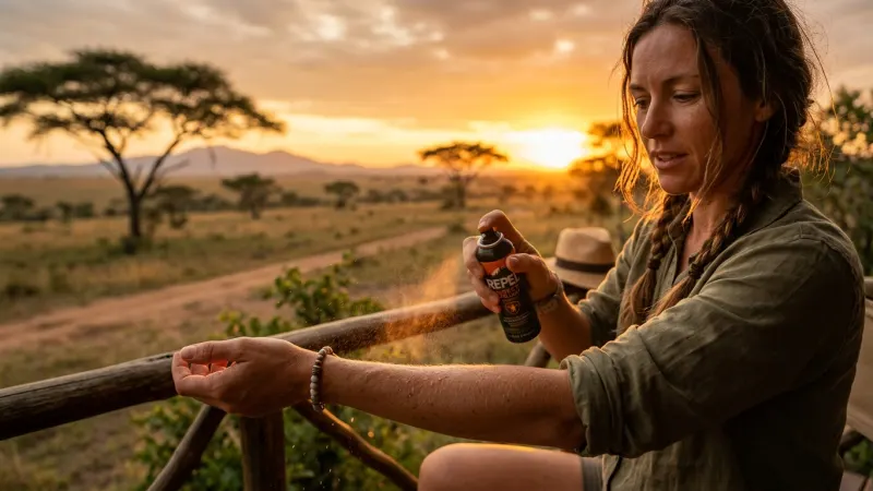 Master the Malaria Defense 3 A traveler applying insect repellent during a golden hour sunset in the African bush.