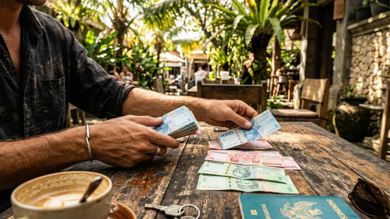 Master the Rupiah Millionaire Mindset 1 A traveler's hands holding and counting colorful Indonesian Rupiah banknotes on a wooden table.