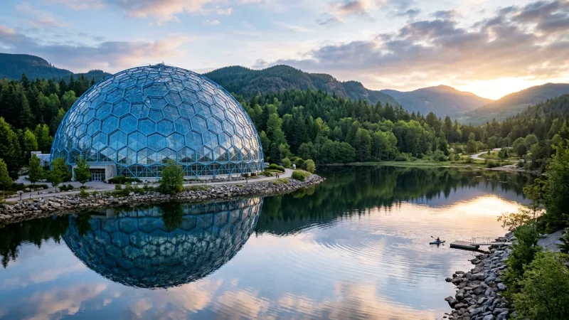 Master the Show Schedule at DolfijndoM 1 A large blue geodesic dome building next to a peaceful lake under a soft morning sky.