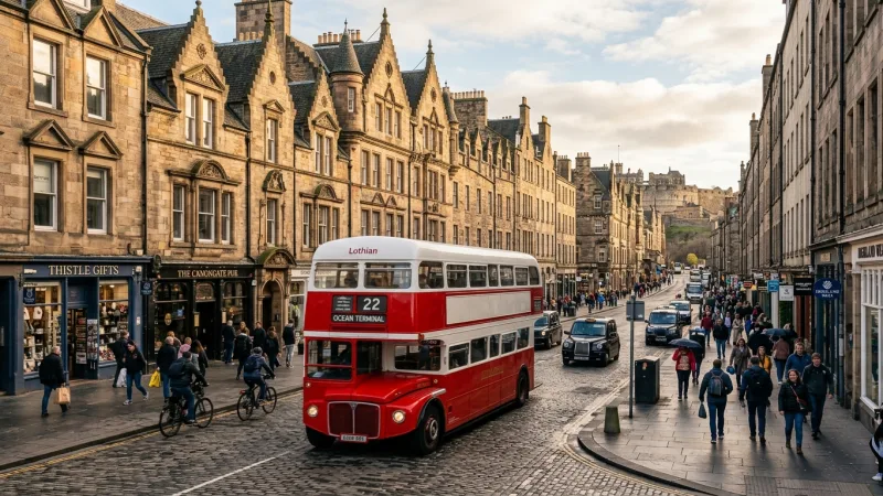Master the Tap Tap Cap Bus System 16 A classic red and white Lothian double-decker bus navigating a historic street in Edinburgh, where passengers use the Tap Tap Cap system