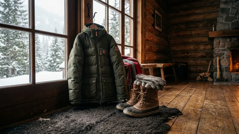 Master Winter Layering 16 Cold-weather clothing gear laid out in a cozy cabin setting with snow visible outside.