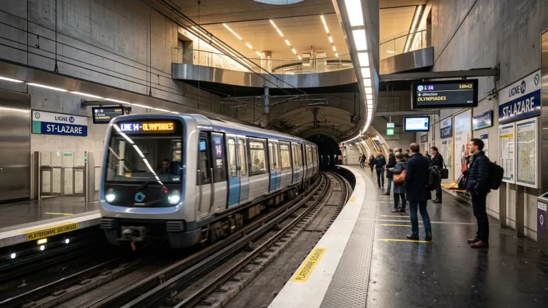 Navigate Effortlessly with the VAL Metro 4 Automated driverless metro train arriving at a modern underground station platform in Lille.