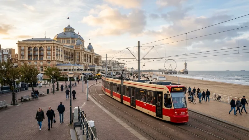 Navigate Scheveningen via Tram 9 or Pre-Booked Parking 1 A Den Haag public tram riding near the coast in Scheveningen.