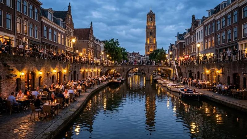 A scenic evening view of Utrecht's split-level canals with illuminated wharf cellars and outdoor dining.
