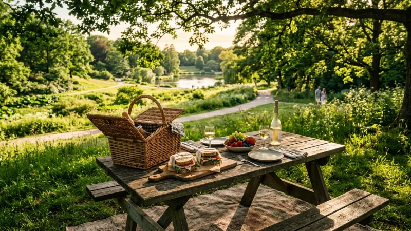 Pack a Picnic to Save and Relax 1 A wooden picnic table set with a wicker basket and fresh food in a sunny, green park.