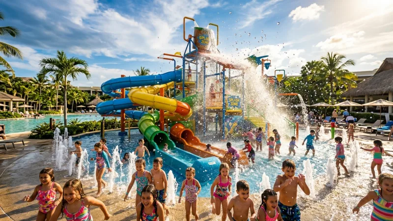 Pack Swimwear for the Waterpret Zone 3 A vibrant outdoor water playground with colorful slides and active water fountains under a bright sunny sky.