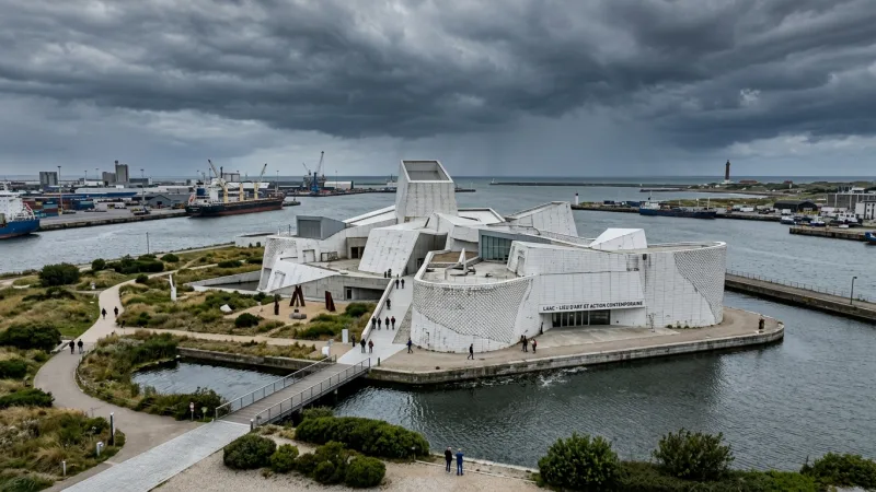 Pair Your Visit with FRAC Grand Large 1 Exterior view of the LAAC modern art museum white ceramic building in Dunkirk.