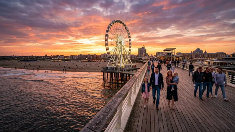 Pair Your Visit with Sea Life and the Pier 1 Scheveningen Pier and ferris wheel over the North Sea during golden hour.