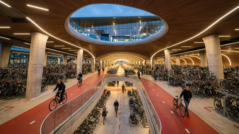 Park in the World's Largest Bike Garage 1 The vast, modern interior of the world's largest bicycle parking garage at Utrecht Centraal.