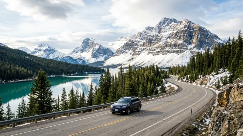 Parks Canada Discovery Pass 20 Scenic mountain highway in Canada with snow-capped peaks and pine trees under a clear blue sky.