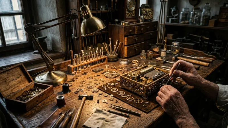 Peer Into the Restoration Workshop 1 A detailed view of a craftsman's workbench with antique clockwork gears and tools under a warm light.