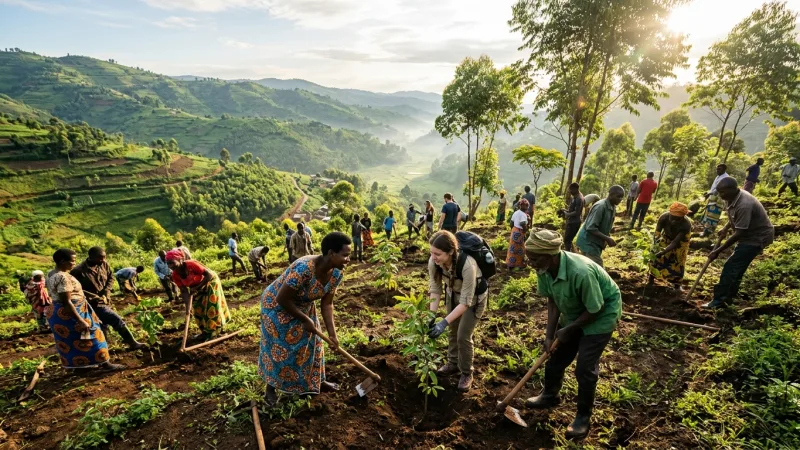A community gathering in Rwanda during Umuganda morning, planting trees on a green hillside under warm sunlight.