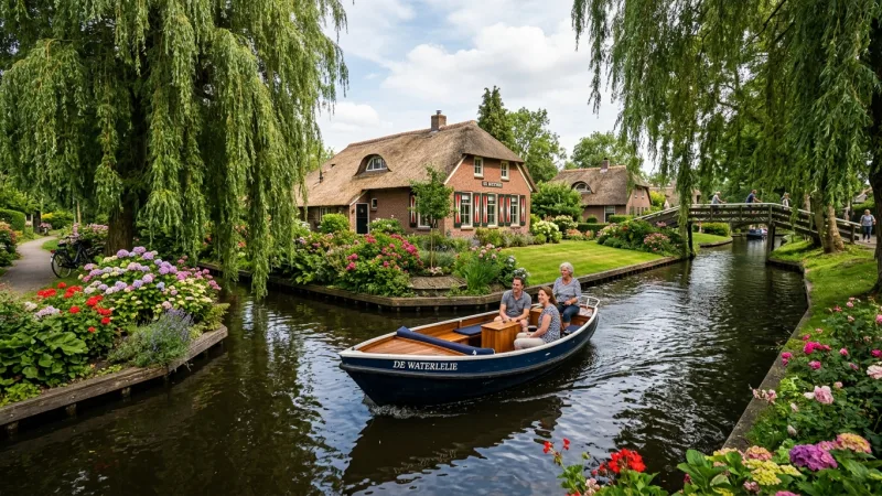 Reserve Your Whisper Boat Online 3 An electric whisper boat navigating a narrow canal lined with vibrant flowers and historic cottages in Giethoorn.